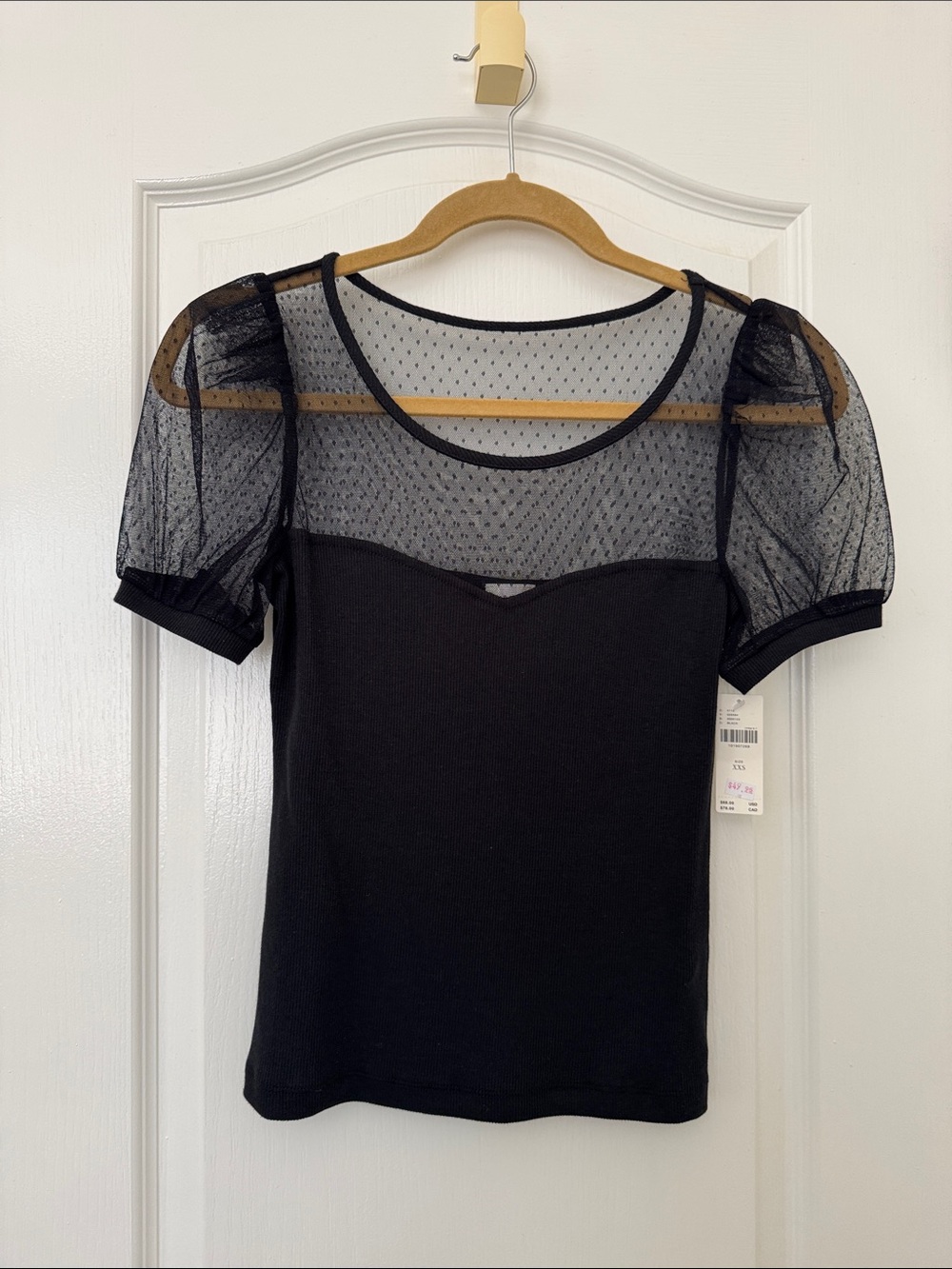 Anthropologie (Maeve) Black Sheer Dotted Puff-Sleeve Top